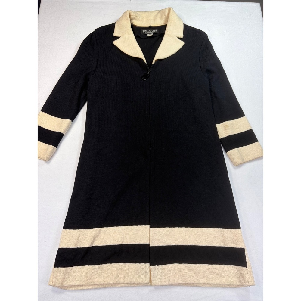 St John Collection Marie Gray Knit Zip Front Cardigan Coat Black Cream Stripe 10